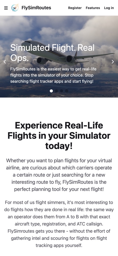FlySimRoutes start page with a Boeing 777 in the clouds