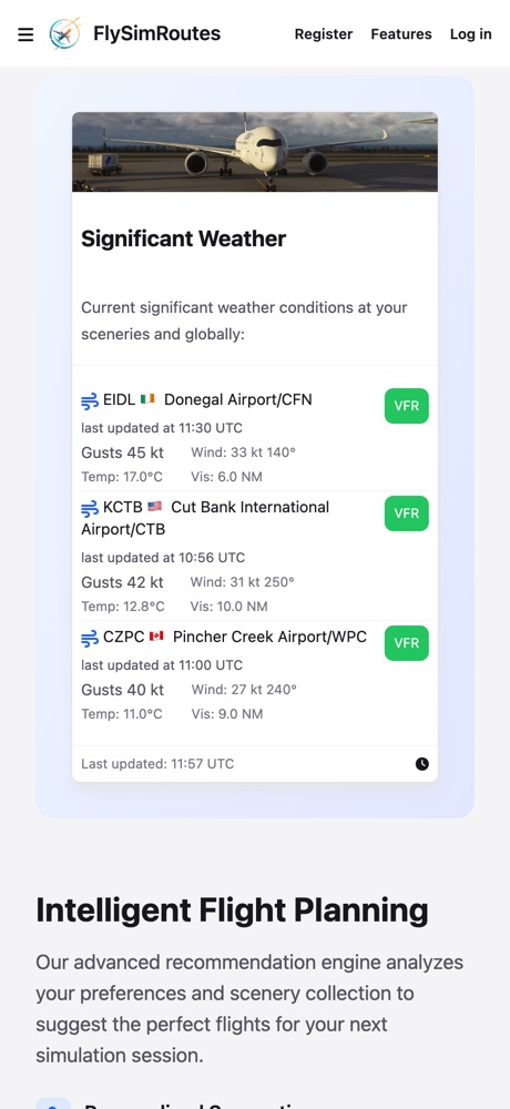 Significant weather at airports, with gusts, wind, visibility and flight category