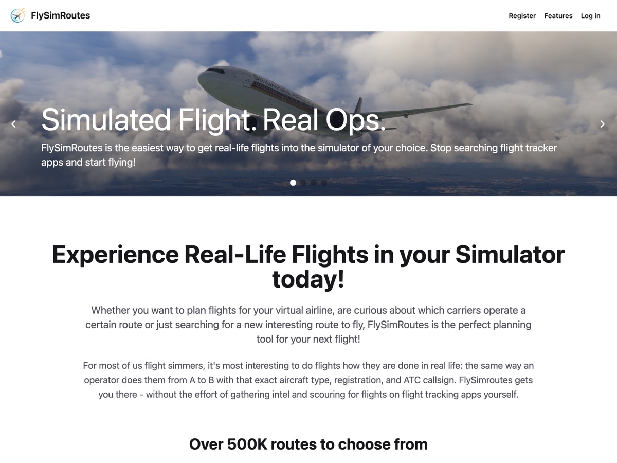 FlySimRoutes in a desktop browser