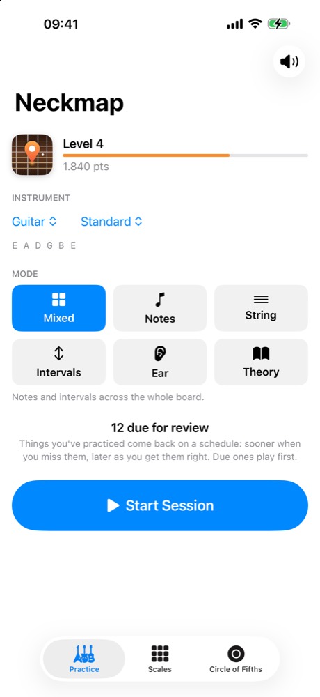 Home screen with level, instrument, tuning and practice modes