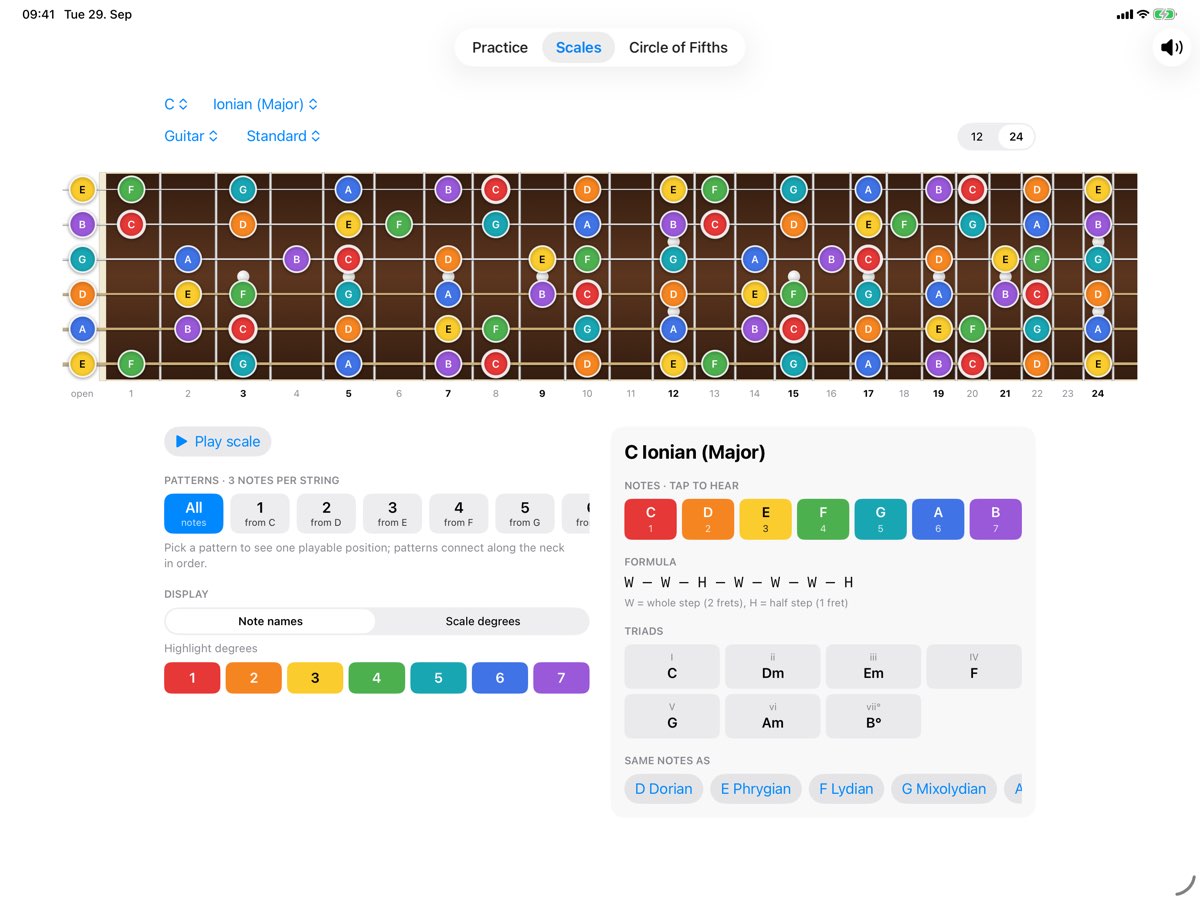Neckmap on iPad showing the C major scale across the neck