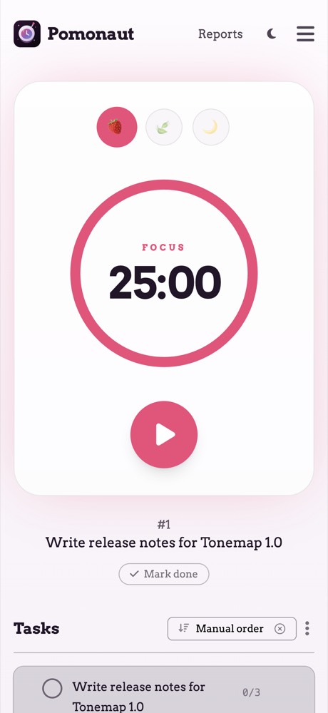 Pomonaut's focus timer with the active task below it