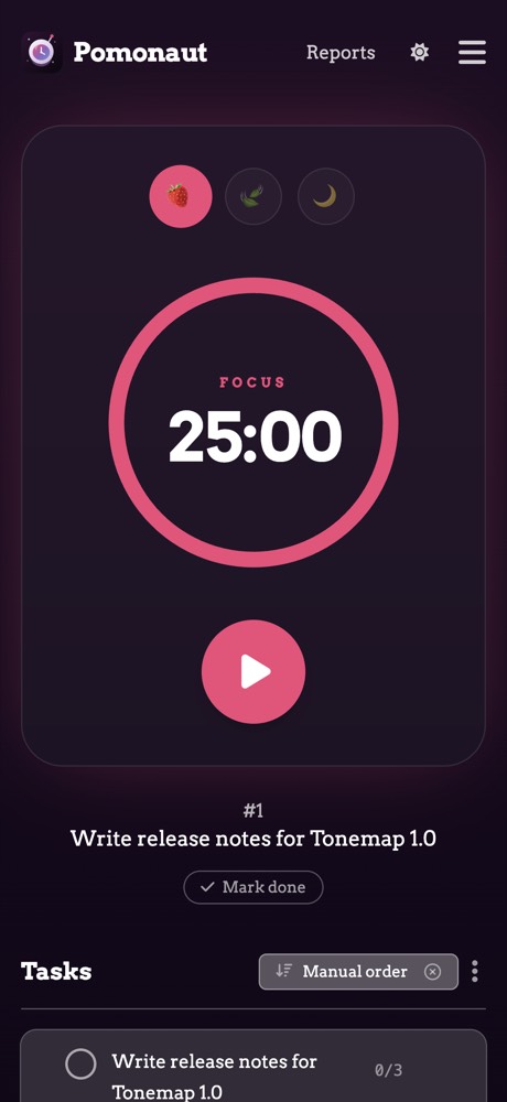 The focus timer in dark mode