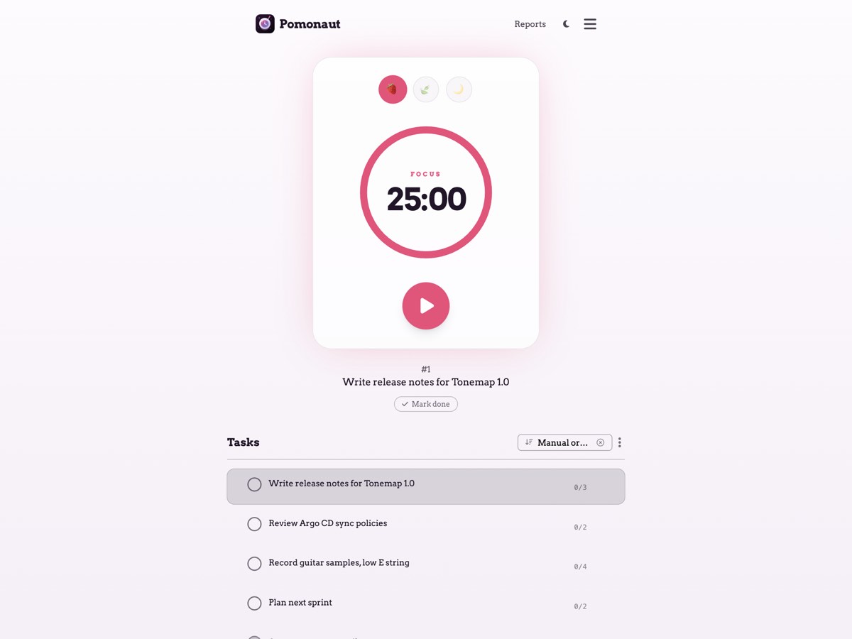 Pomonaut in a desktop browser with timer and task list